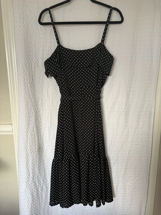 Lauren Ralph Lauren Black Polka Dot Midi Dress Sz. 12 NWT Spaghetti Strap Ruffle - Picture 3 of 5